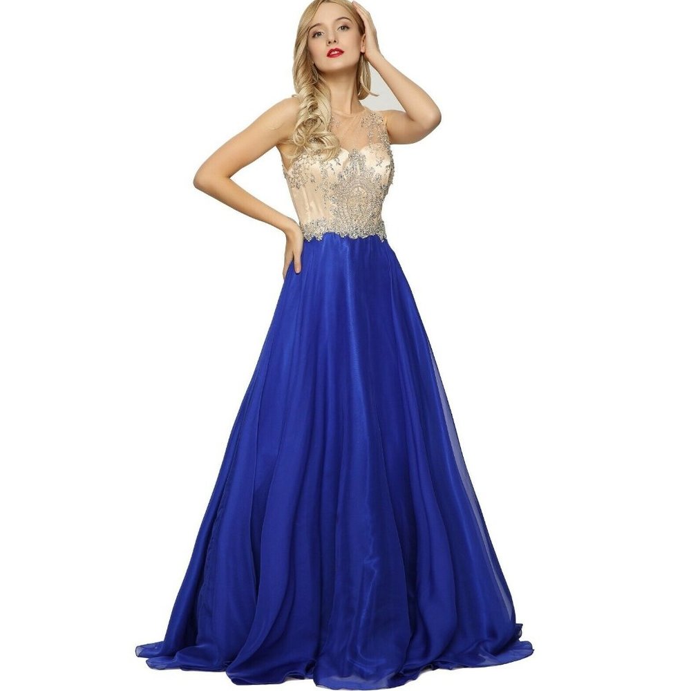 Women's Formal Rhinestones beaded Long Spandex Embroidered prom dress
